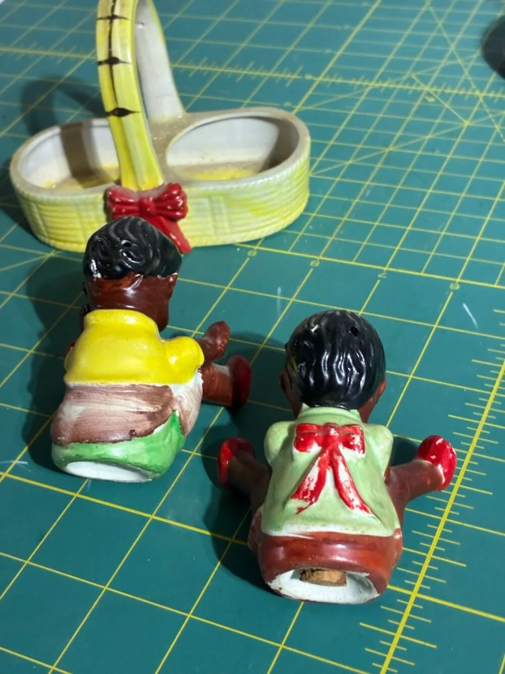 Mid-Century Japanese Black Americana Salt-and-Pepper Shakers Baby in Basket